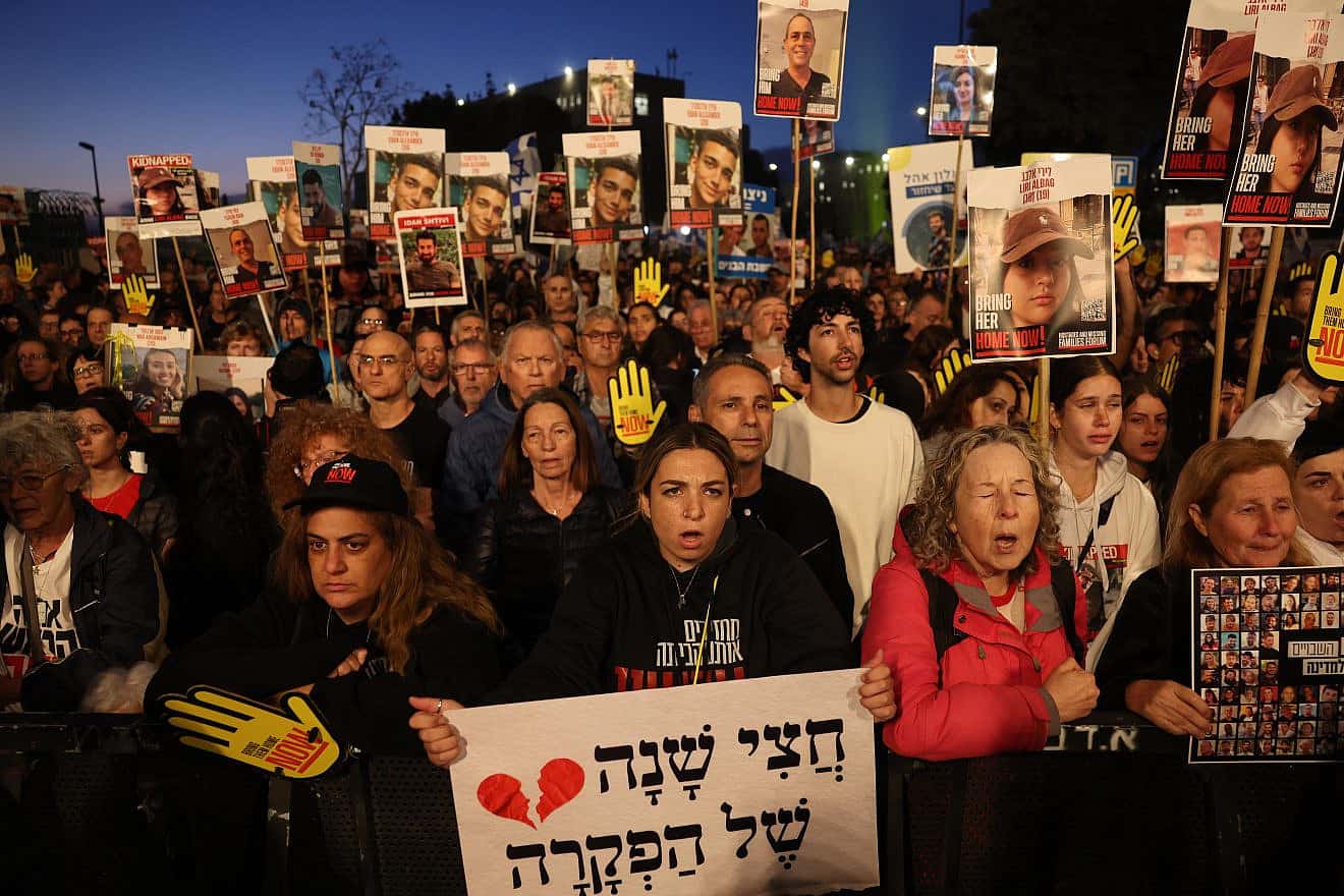 Israelis take part in a protest outside the Knesset in Jerusalem marking six months since the Hamas-led Oct. 7 invasion, April 7, 2024. Photo by Yonatan Sindel/Flash90.