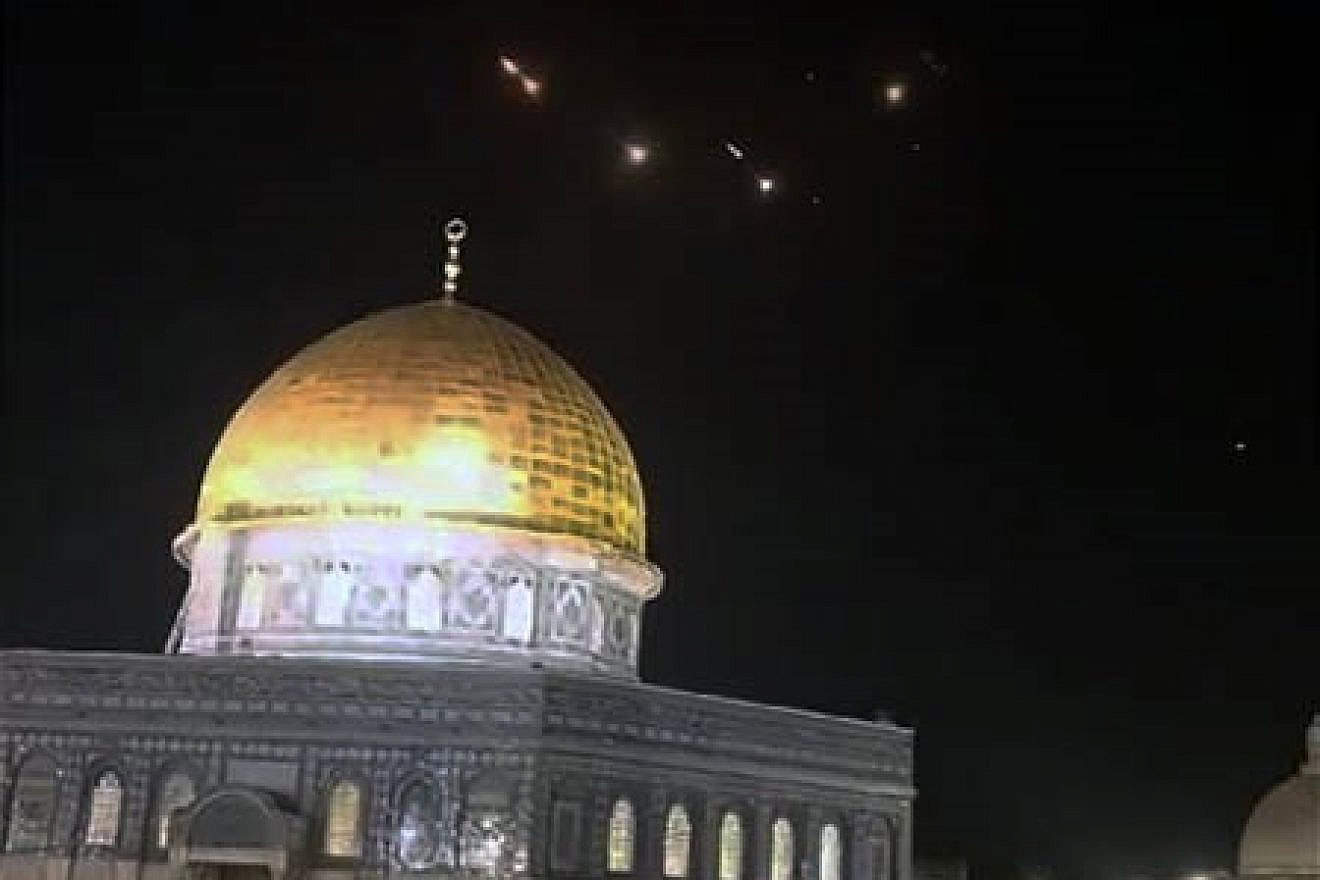 Israeli interceptors fired to stop Iranian missiles fired at Israel appear above the Dome of the Rock in Jerusalem on April 14, 2024. The nearby Al-Aqsa mosque is the third holiest site in Islam. Source: X.