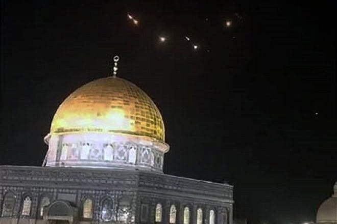Israeli interceptors fired to stop Iranian missiles fired at Israel appear above the Dome of the Rock in Jerusalem on April 14, 2024. The nearby Al-Aqsa mosque is the third holiest site in Islam. Source: X.