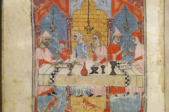 The depiction of a family celebrating the Passover seder from a 14th-century illuminated Haggadah. Credit: Wikimedia Commons.