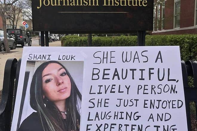 A poster of Shani Louk, 22, who was murdered by Hamas terrorists at the Nova music festival in southern Israel on Oct. 7, at a campus rally against an award presented by the University of Missouri for a photo of her body, April 5, 2024. Photo by Daniel Swindell.