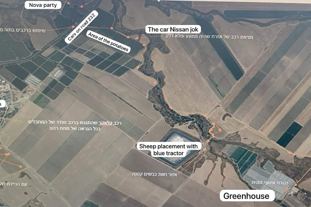 Police officer Remo Salman Alhuziyel drew up this map to show the location of the greenhouse where he dropped off dozens of survivors on Oct. 7. Credit: Remo Salman Alhuziyel.