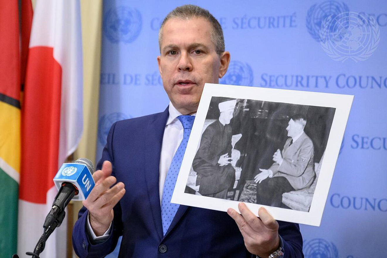 Gilad Erdan, Israeli ambassador to the United Nations, briefs reporters outside of the U.N. Security Council Chamber at U.N. Headquarters in New York City on April 8, 2024. Credit: Loey Felipe/U.N. Photo.