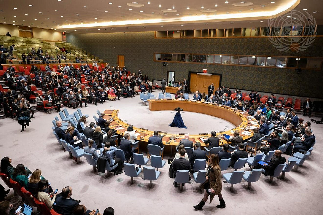A wide view of the United Nations Security Council Chamber during the Security Council meeting on the situation in the Middle East, including the Palestinian question, on April 18, 2024. Credit: Manuel Elías/U.N. Photo.