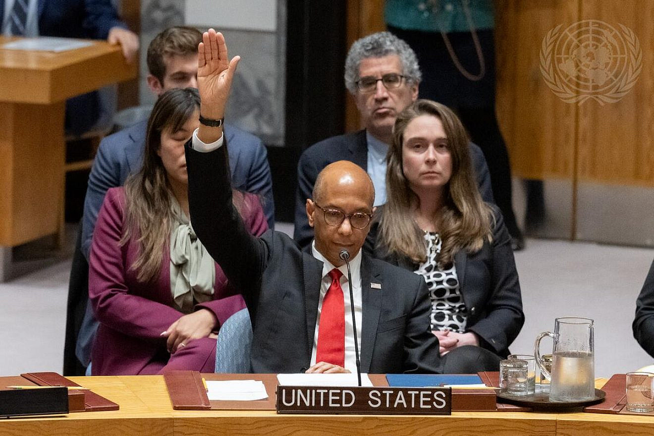 Robert Wood, deputy permanent representative of the United States to the United Nations, vetoes the Palestinian bid for admission as a member state of the United Nations at the U.N. Security Council on April 18, 2024. Credit: Manuel Elías/U.N. Photo.