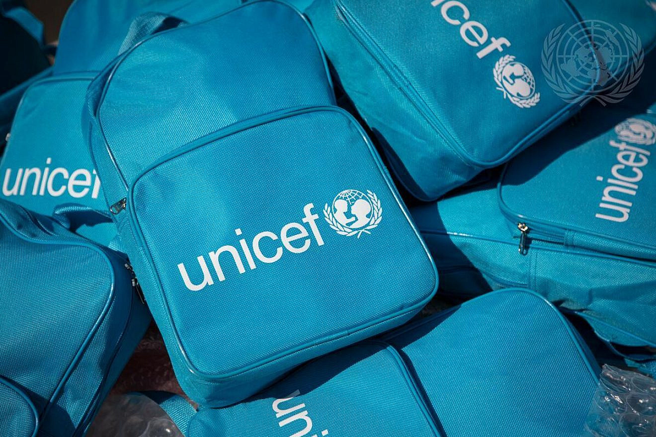 A view of a pile of U.N. Children's Fund (UNICEF) school backpacks during the 76th session of the U.N. General Assembly. Credit: Ariana Lindquist/U.N. Photo.