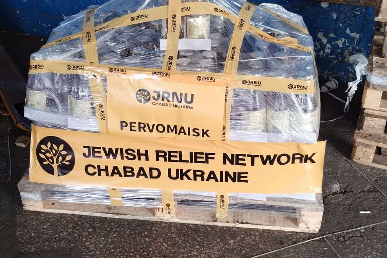 Pallets of wine were sent to Ukraine's Jewish community for Passover. Credit: Courtesy of JRNU.