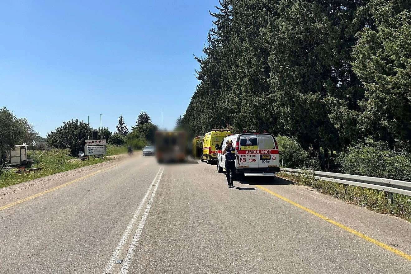 Medical and security personnel at the scene of a Hezbollah terrorist attack in Arab al-Aramshe in the Western Galilee, April 17, 2024. Credit: MDA.