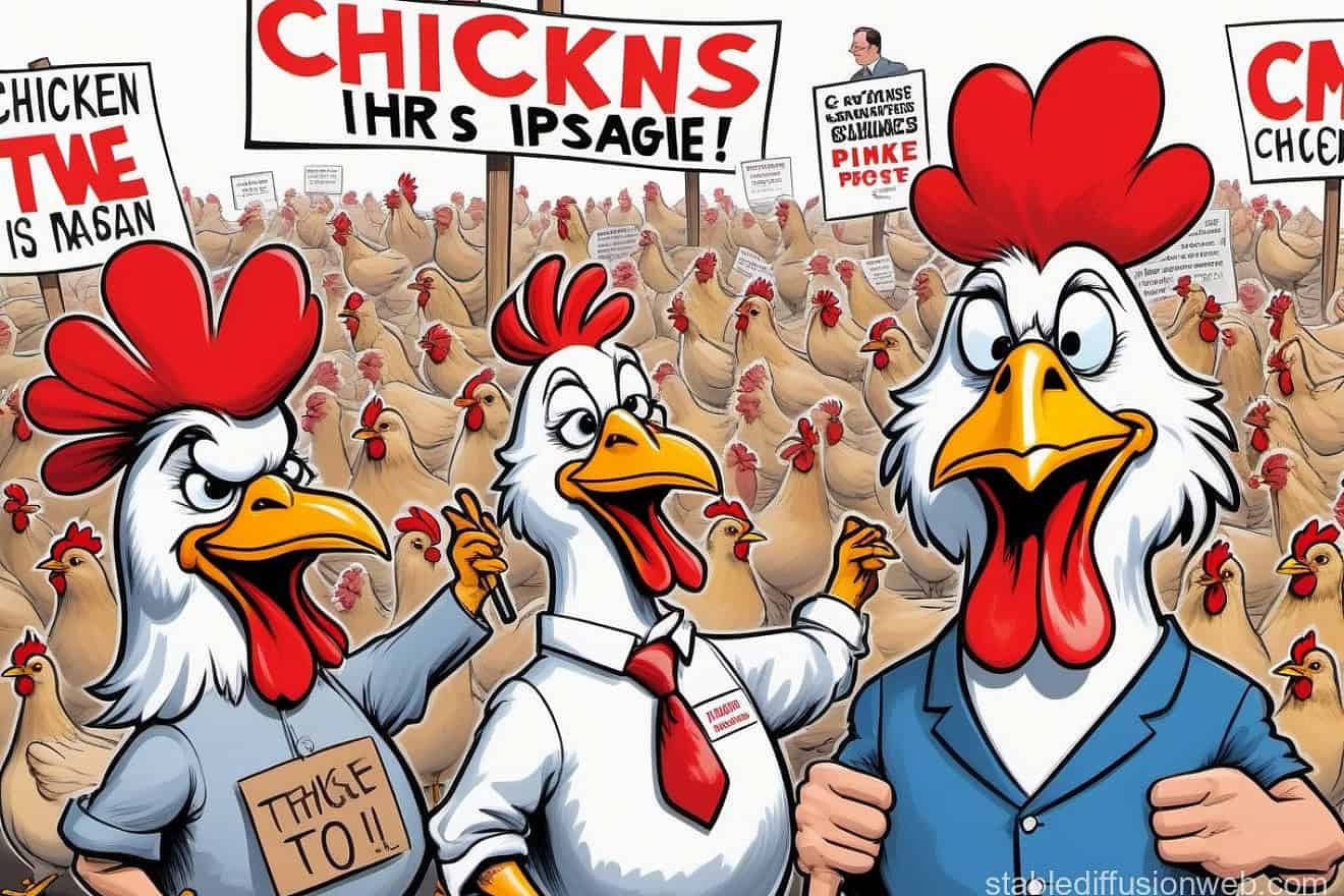 A humorous cartoon of chickens at a protest. Source: Stable Diffusion