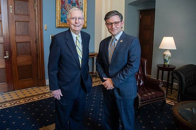 Senate Minority Leader Mitch McConnell (left) and House Speaker Mike Johnson on Capitol Hill in Washington, Oct.  26, 2023. Source: Office of Senator Mitch McConnell via Wikimedia Commons.
