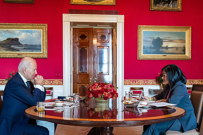 U.S. President Joe Biden meets with Rep. Pramila Jayapal (D-Wash.) in the Red Room of the White House in Washington, D.C., on Oct. 18, 2021. Credit: Adam Schultz/White House.