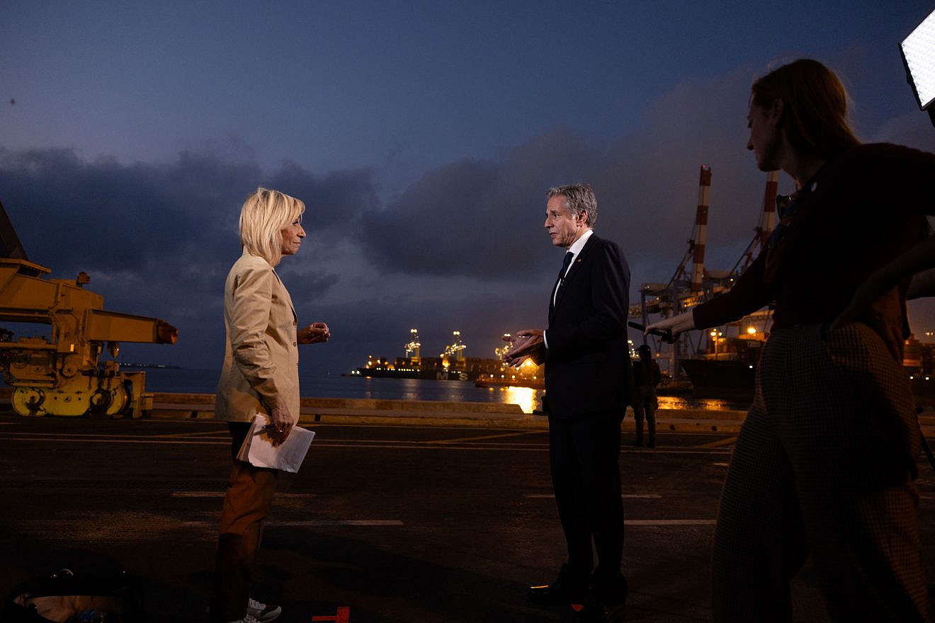 U.S. Secretary of State Antony Blinken is asked a question by Andrea Mitchell as he visits a warehouse at Ashdod Port in Israel, built for humanitarian aid to Palestinians in the Gaza Strip, May 1, 2024. Credit: Chuck Kennedy/U.S. State Department.