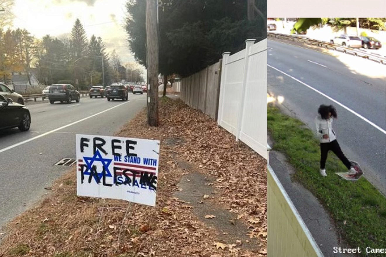 Two separate vandalisms of signs at the Wellesley Weston Chabad in Massachusetts in 2024. Credit: Rabbi Moshe Bleich/Wellesley Weston Chabad.