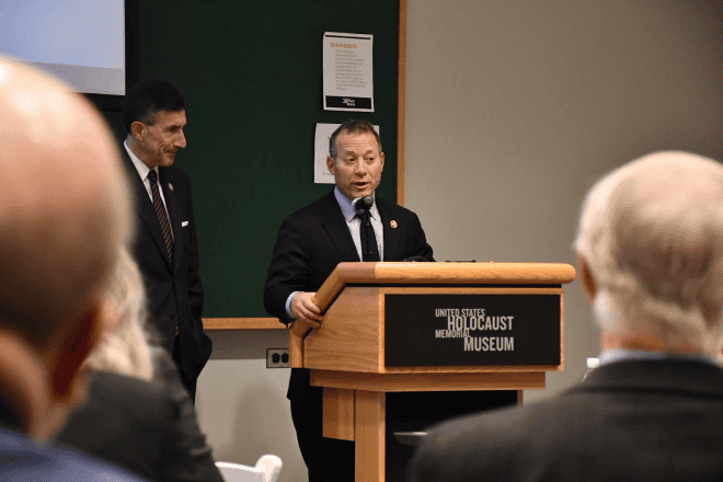 Rep. Josh Gottheimer (D-N.J.) speaks to colleagues at the United States Holocaust Memorial Museum in Washington, D.C., on May 8, 2024. Credit: Courtesy.