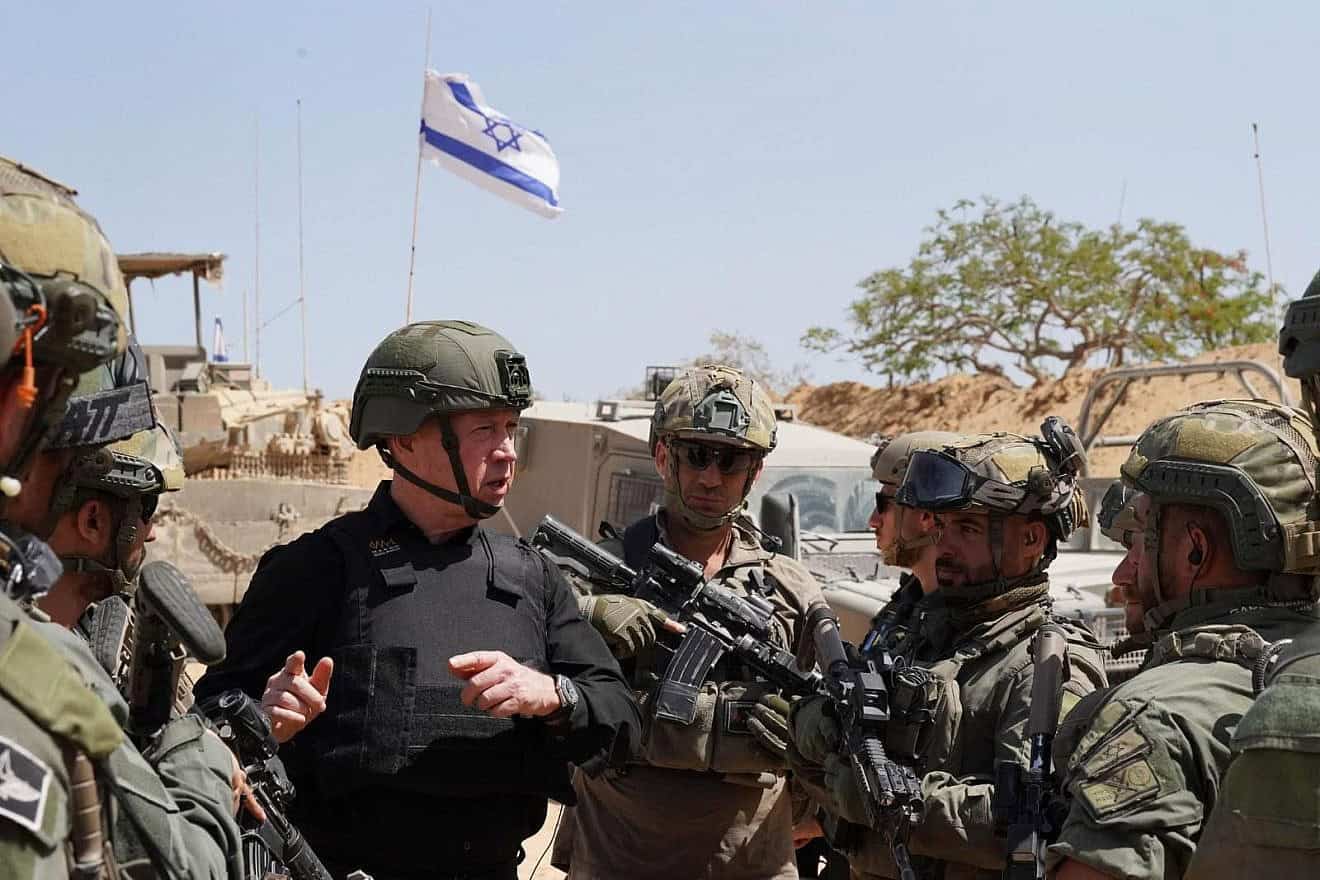 Israeli Defense Minister Yoav Gallant speaks to troops during an operational situation assessment in Rafah, the southern Gaza Strip, May 26, 2024. Photo by Ariel Hermoni/IMoD.
