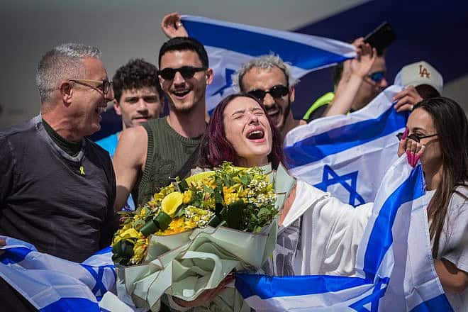 Eden Golan, Israel's participant in the Eurovision Song Contest in Sweden who came in fifth place overall, arrives at Ben-Gurion International Airport on May 12, 2024. Photo by Avshalom Sassoni/Flash90.