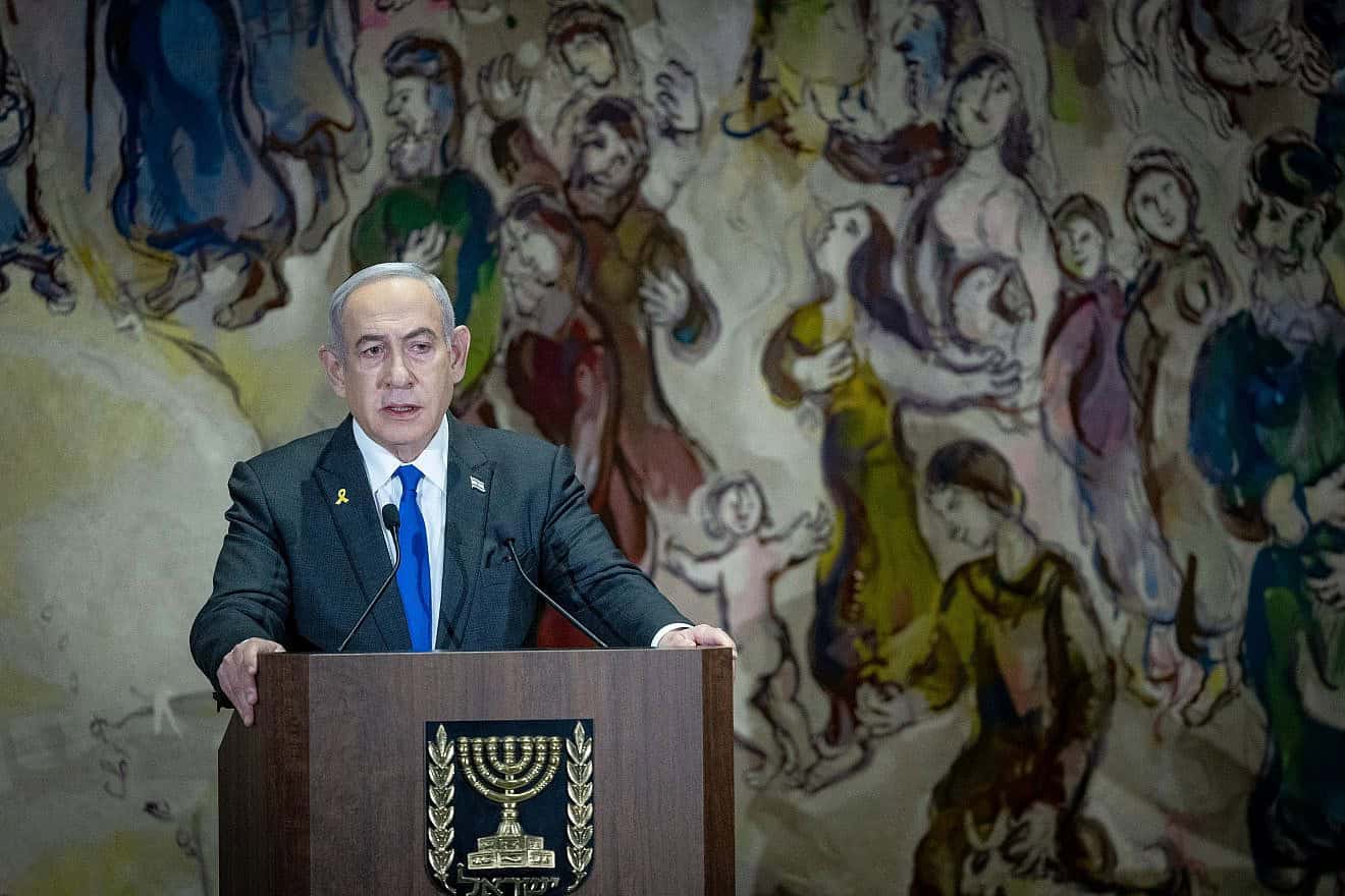 Israeli Prime Minister Benjamin Netanyahu attends a Holocaust Memorial Day ceremony at the Knesset in Jerusalem, May 5, 2024. Photo by Yonatan Sindel/Flash90.