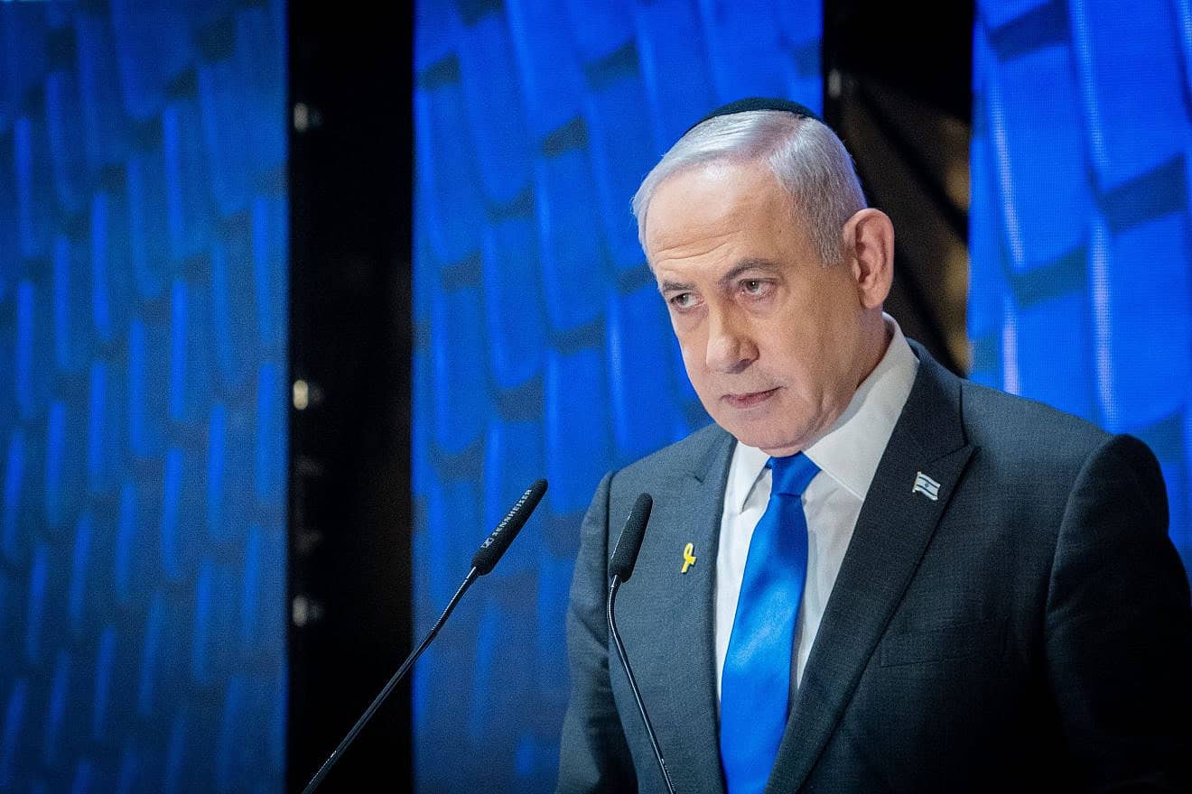Israeli Prime Minister Benjamin Netanyahu at a Memorial Day ceremony at the Mount Herzl Military Cemetery in Jerusalem, May 13, 2024. Photo by Arie Leib Abrams/Flash90.
