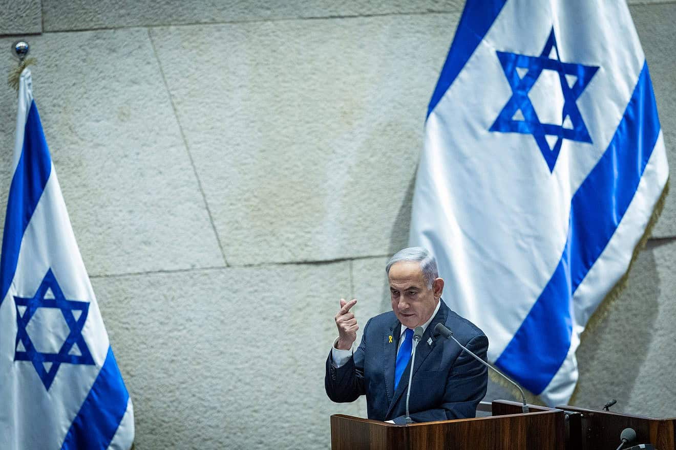 Israeli Prime Minister Benjamin Netanyahu delivers a speech at the Knesset in Jerusalem, May 27, 2024. Photo by Yonatan Sindel/Flash90.