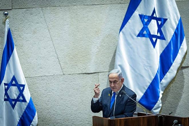 Israeli Prime Minister Benjamin Netanyahu delivers a speech at the Knesset in Jerusalem, May 27, 2024. Photo by Yonatan Sindel/Flash90.
