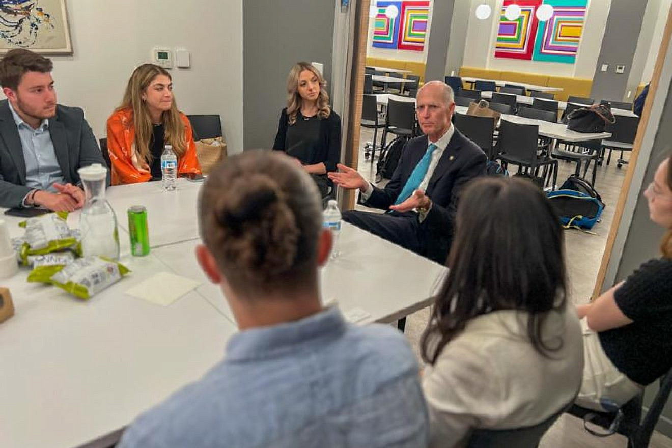 Sen. Rick Scott (R-Fla.) meets with Jewish and pro-Israel students at the George Washington University Hillel in Washington, D.C., on May 1, 2024. Credit: Office of Sen. Rick Scott.