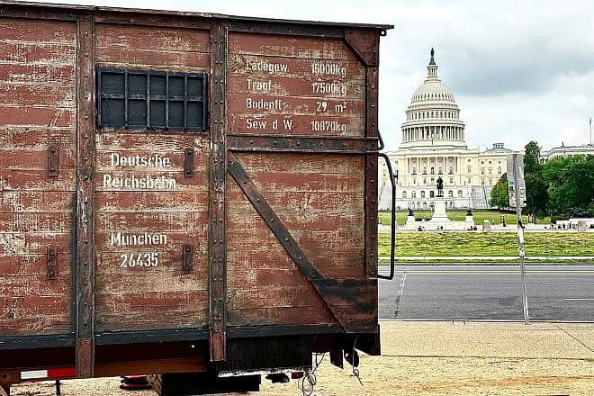 A World War II cattle car traveling exhibit teaching lessons of the Holocaust was stationed in Washington, D.C., from May 6-9, 2024. Credit: Courtesy of Hate Ends Now.