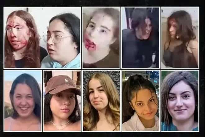Images from Hamas video footage showing the capture and abduction of Liri Albag, Karina Ariev, Agam Berger, Daniela Gilboa and Naama Levy from the Nahal Oz Israeli military base on Oct. 7, 2023. Credit: Courtesy of the Hostages Families Forum.