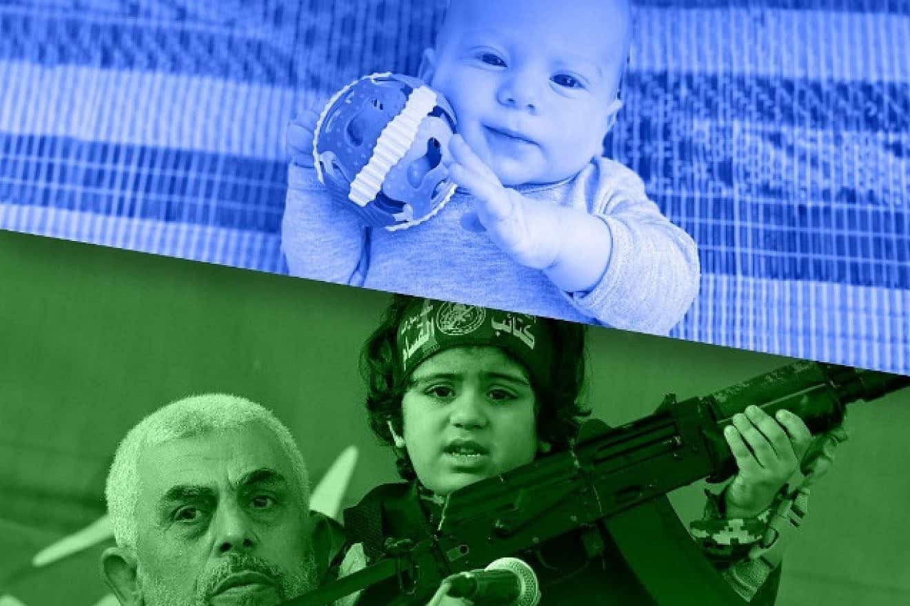 Kfir Bibas was 9 months old when he was kidnapped, along with his parents and 4-year-old brother Ariel, from southern Israel by Hamas terrorists on Oct. 7, 2023. (Right) Hamas leaders train Palestinian children to become terrorists and embed their terror infrastructure among civilians. Credit: Courtesy and Flash90.