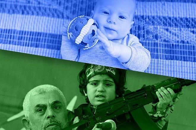 Kfir Bibas was 9 months old when he was kidnapped, along with his parents and 4-year-old brother Ariel, from southern Israel by Hamas terrorists on Oct. 7, 2023. (Right) Hamas leaders train Palestinian children to become terrorists and embed their terror infrastructure among civilians. Credit: Courtesy and Flash90.