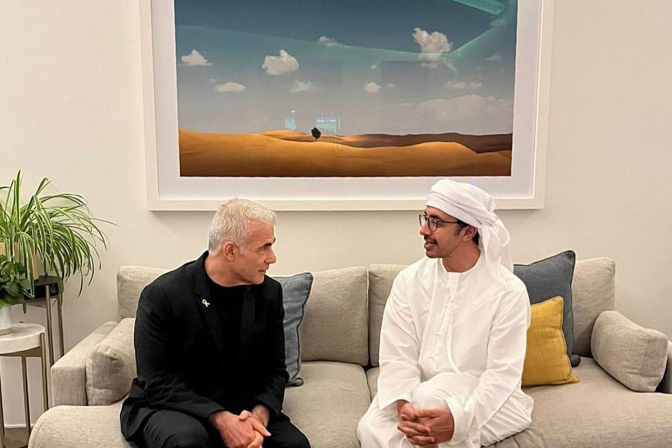 Israeli opposition leader Yair Lapid meets with Emirati Foreign Minister Sheikh Abdullah bin Zayed in Abu Dhabi, May 2, 2024. Credit: Yair Lapid/Twitter