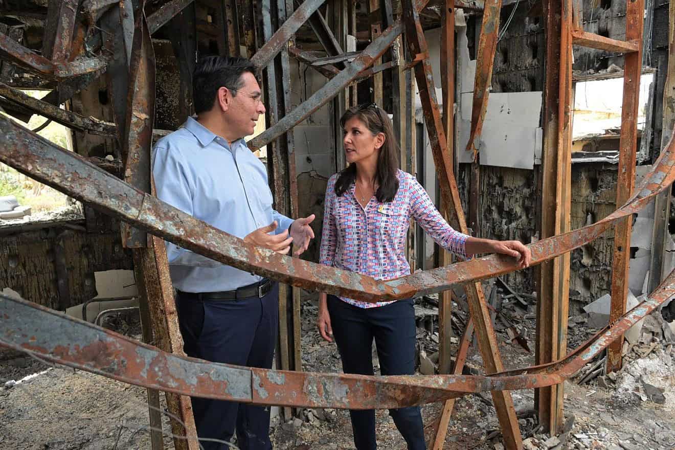 Nikki Haley, former U.S. ambassador to the United Nations, and Knesset member Danny Danon visit Kibbutz Nir Oz near Israel's border with the Gaza Strip on May 27, 2024. Credit: Courtesy.