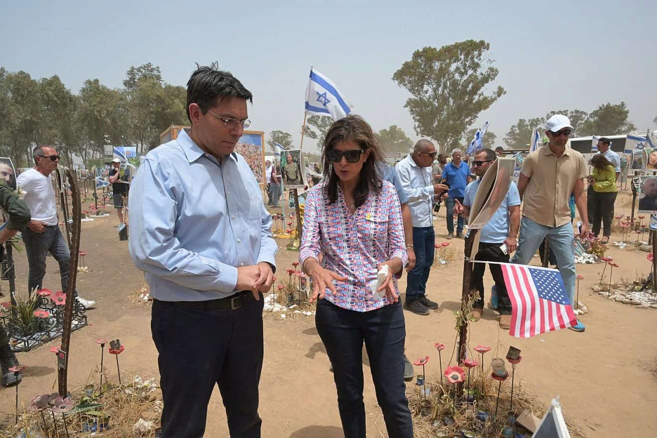 Nikki Haley, former U.S. ambassador to the United Nations, and Knesset member Danny Danon visit the makeshift memorial at the site of the Supernova music festival massacre in southern Israel, May 27, 2024. Credit: Courtesy.