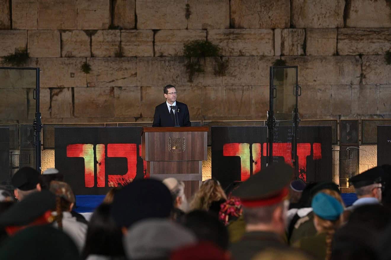 President Isaac Herzog speaks at the Western Wall on Memorial Day for the Fallen of Israel's Wars and Victims of Terrorism, May 12, 2024. Photo by Ma'ayan Toaf/GPO.