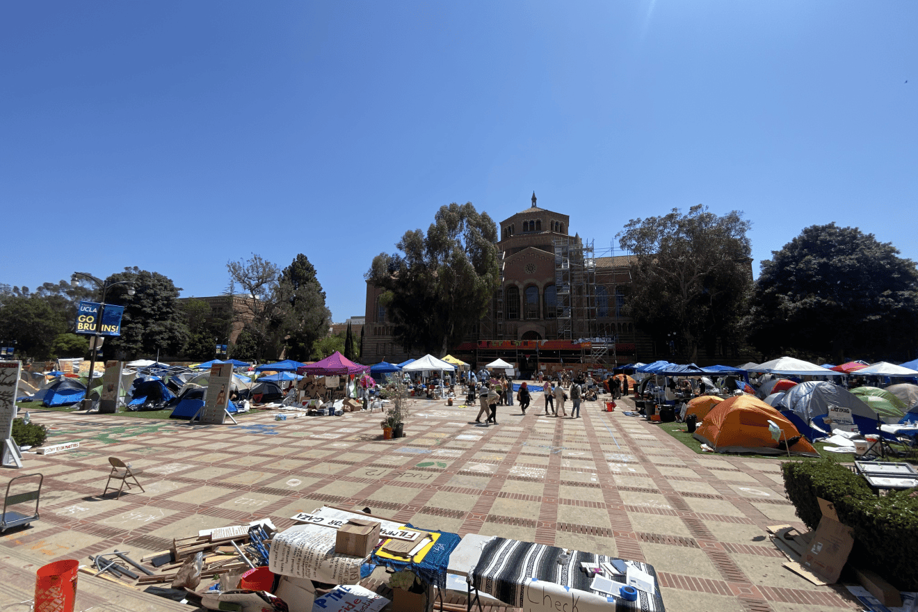 A pro-Palestinian, anti-Israel student tent encampment, looking towards Powell Library from Royce Hall, at the University of California, Los Angeles, April 30, 2024. Credit: Lurking and Leering Lisa via Wikimedia Commons.
