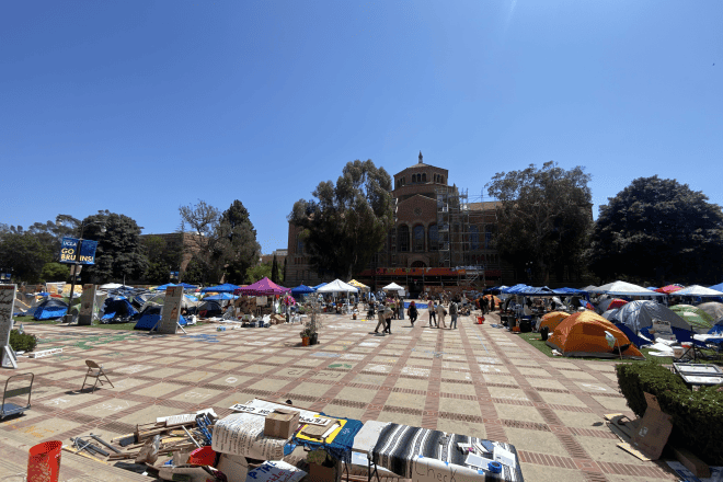 A pro-Palestinian, anti-Israel student tent encampment, looking towards Powell Library from Royce Hall, at the University of California, Los Angeles, April 30, 2024. Credit: Lurking and Leering Lisa via Wikimedia Commons.