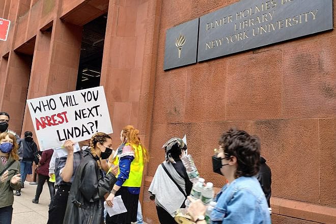 An anti-Israel protest at New York University (the sign refers to NYU president Linda Mills) on May 3, 2024. Photo by Carin M. Smilk.