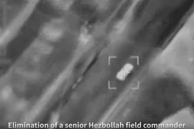 Screenshot of the Israeli Air Force strike in Southern Lebanon that killed senior Hezbollah commander Hussain Ibrahim Mekky on May 14, 2024. Credit: IDF.