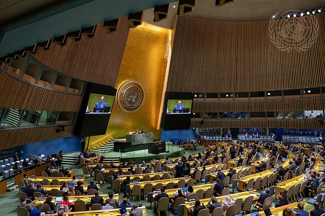 Dennis Francis (at dais), president of the 78th session of the General Assembly, chairs the resumed 10th Emergency Special Session of the General Assembly on “Illegal Israeli actions in occupied East Jerusalem and the rest of the Occupied Palestinian Territory” on May 10, 2024. Credit: Manuel Elías/U.N. Photo.