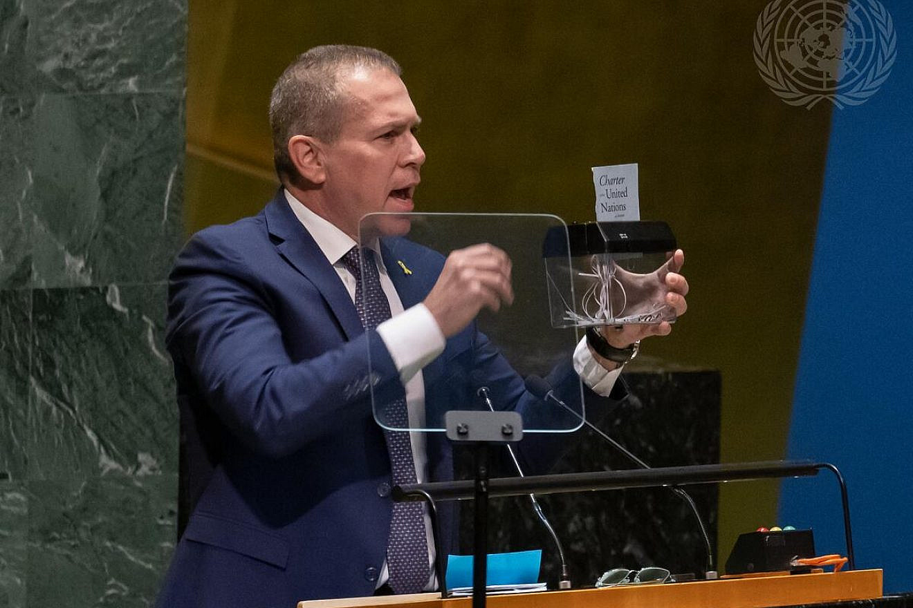 Gilad Erdan, Israeli ambassador to the United Nations, shreds a page of the Charter of the United Nations as he addresses the resumed 10th Emergency Special Session of the General Assembly on “Illegal Israeli actions in occupied East Jerusalem and the rest of the Occupied Palestinian Territory" on May 10, 2024. Credit: Manuel Elías/U.N. Photo.