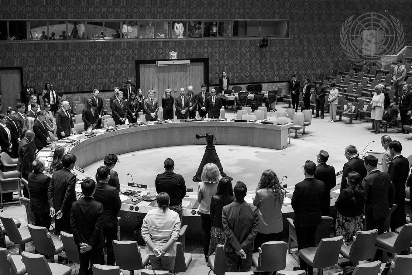 The U.N. Security Council observes a moment of silence in the memory of Iranian President Ebrahim Raisi, Iranian Foreign Minister Hossein Amir-Abdollahian and other victims of a helicopter crash in Iran, at the start of the council meeting on threats to international peace and security on May 20, 2024. Credit: U.N. Photo.