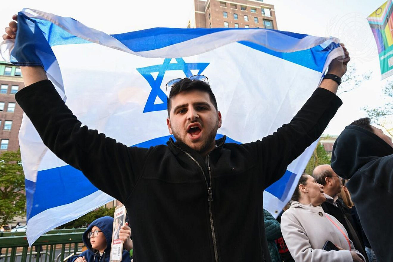 Pro-Israel rally-goers outside the campus of Columbia University in New York City on April 25, 2024. Credit: Evan Schneider/U.N. Photo.