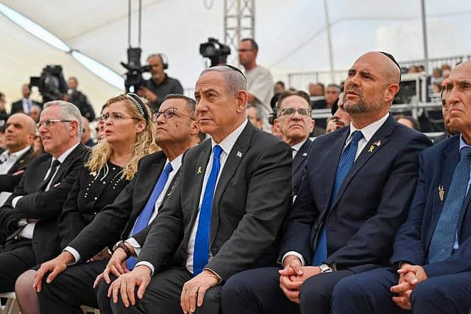 Israeli Prime Minister Benjamin Netanyahu and other government officials at a Yom Hazikaron (Memorial Day) ceremony organized by the Yad LaBanim organization for bereaved families, May 12, 2024. Credit: Kobi Gideon/GPO