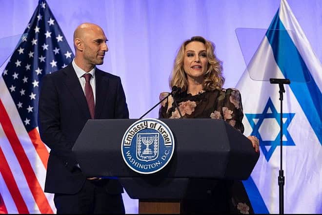 Brooke Goldstein and Avi Jorisch address audience at the Israeli Embassy in Washington D.C. Credit: Courtesy of the Lawfare Project.