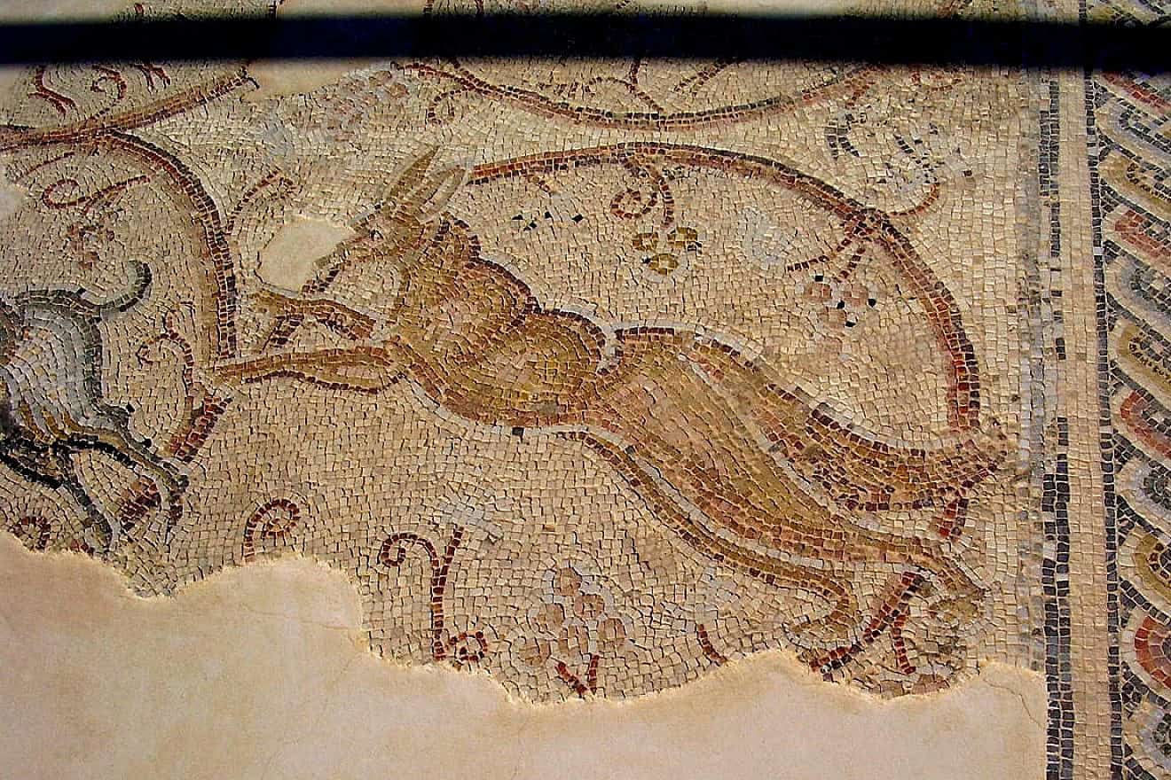 Detail of the mosaic floor of the ancient Great Synagogue of Gaza. Credit: Avishai Teicher via Wikimedia Commons.