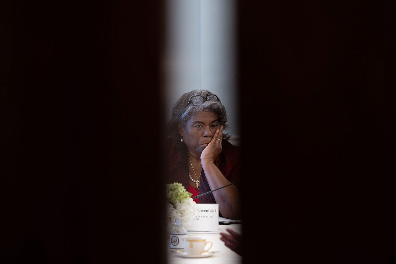 Linda Thomas-Greenfield, the U.S. ambassador to the United Nations, at a meeting with U.S. Secretary of State Antony Blinken and António Guterres, United Nations secretary-general, at the State Department, June 4, 2024. Credit: Chuck Kennedy/U.S. State Department.