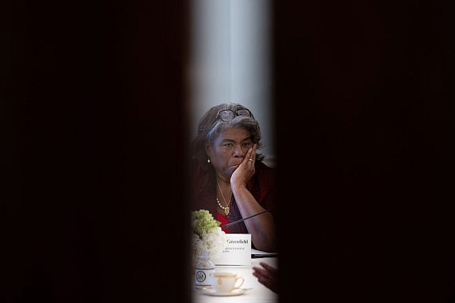 Linda Thomas-Greenfield, the U.S. ambassador to the United Nations, at a meeting with U.S. Secretary of State Antony Blinken and António Guterres, United Nations secretary-general, at the State Department, June 4, 2024. Credit: Chuck Kennedy/U.S. State Department.