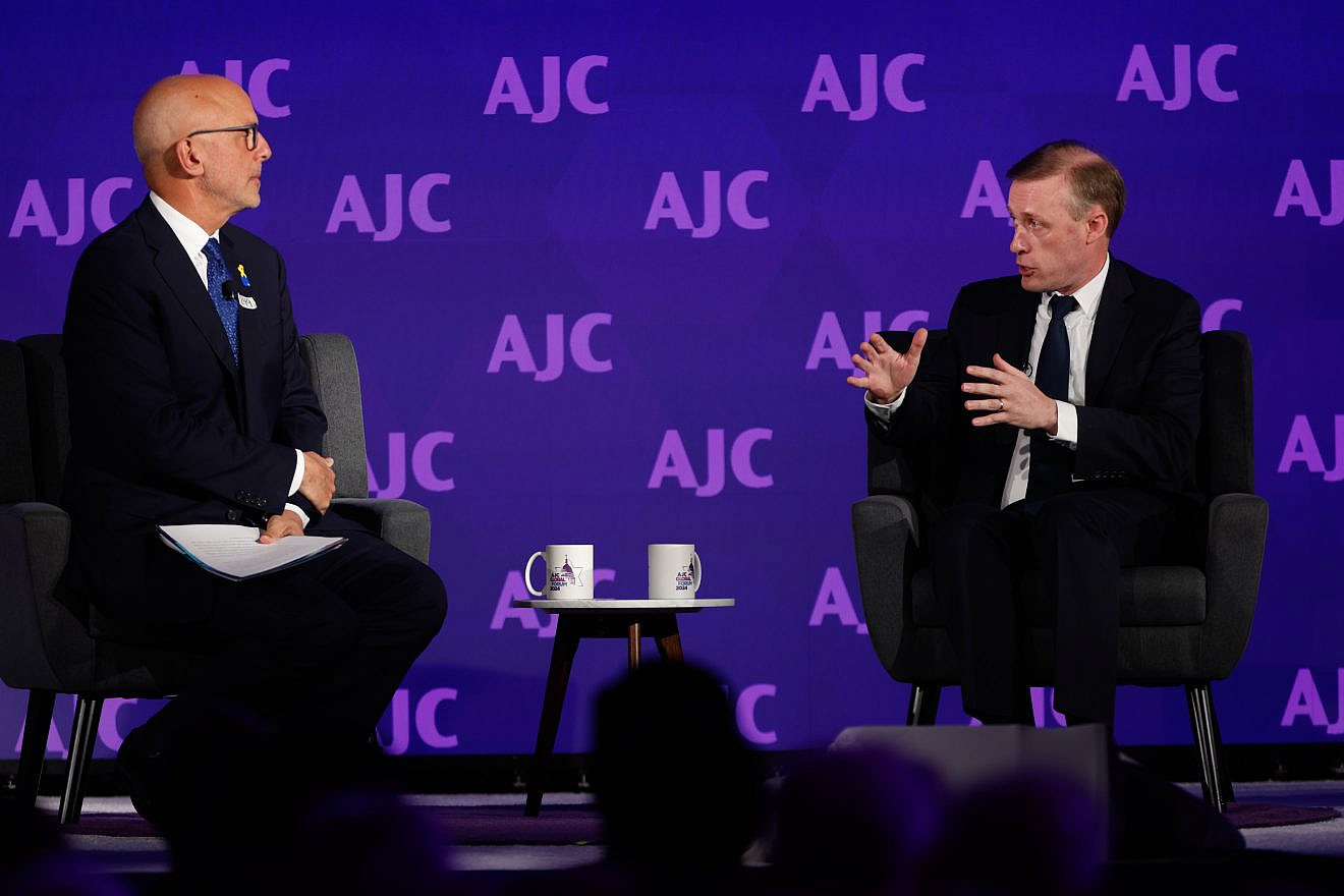 Jake Sullivan, the U.S. national security advisor, speaks with Ted Deutch, the CEO of the American Jewish Committee, at the AJC's Global Forum on June 11, 2024 in Washington. Credit: Jonathan Ernst/AJC.