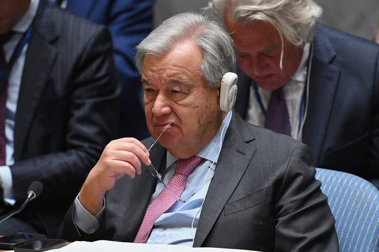 U.N. Secretary-General António Guterres listens during a Security Council meeting on the situation in the Middle East, including the Palestinian question, at U.N. headquarters in New York, April 18, 2024. Photo by Angela Weiss/AFP via Getty Images.