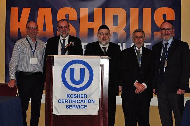 Attending the OU Kosher Kashrus Conference are (from left) OU Kosher chairman Dr. Joshua Penn; OU Kosher vice chairman Rabbi Yosi Heber; OU Kosher COO Rabbi Moshe Elefant; OU Kosher CEO Rabbi Menachem Genack; and OU president Mitchel Aeder. Credit: Courtesy.
