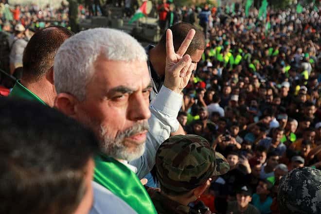 Yahya Sinwar, leader of the Hamas terrorist group, at a rally in Beit Lahia, the northern Gaza Strip, on May 30, 2021. Photo by Atia Mohammed/Flash90.